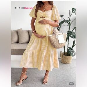 SHEIN Yellow Check Maternity Dress Baby Shower Event NWT
